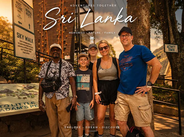A family with their guide at the Little Adam's Peak trailhead in Ella, under a 'Sri Lanka' title