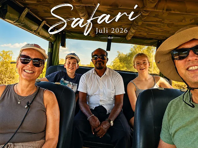 A smiling family and their guide in an open safari jeep, titled 'Safari, July 2026'