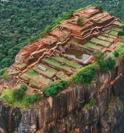 Aerial view of the palace ruins on top of Sigiriya rock