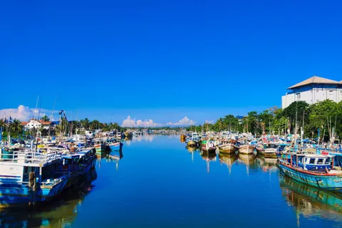 Colourful fishing boats moored along the Negombo lagoon canal