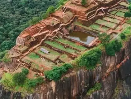 Aerial view of the palace ruins on the summit of Sigiriya Rock