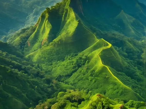 Emerald mountain ridges rolling away under drifting cloud