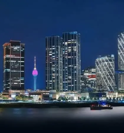 The Colombo skyline and Lotus Tower lit up at night
