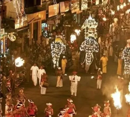 Torch bearers and dancers filling a Kandy street during the Perahera