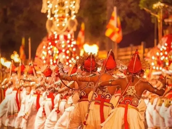 Kandyan dancers performing beneath a lit elephant during the Perahera