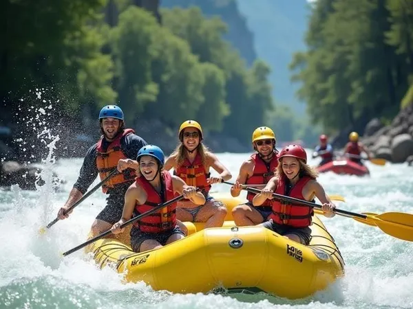 A team white-water rafting down a jungle river