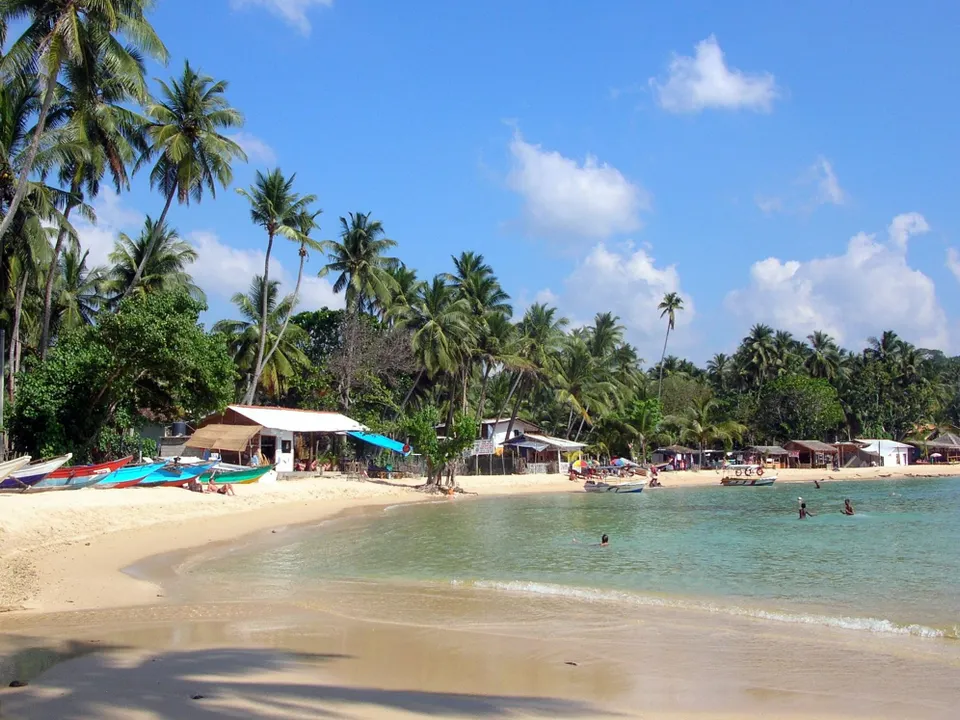 The sheltered swimming bay of Unawatuna fringed with palms